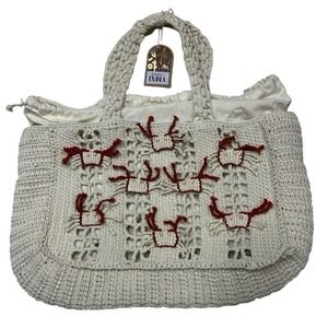 Handcrafted Crochet Tote Bag Cream Red Crab Coastal Beach Bag Drawstring Lining‎
